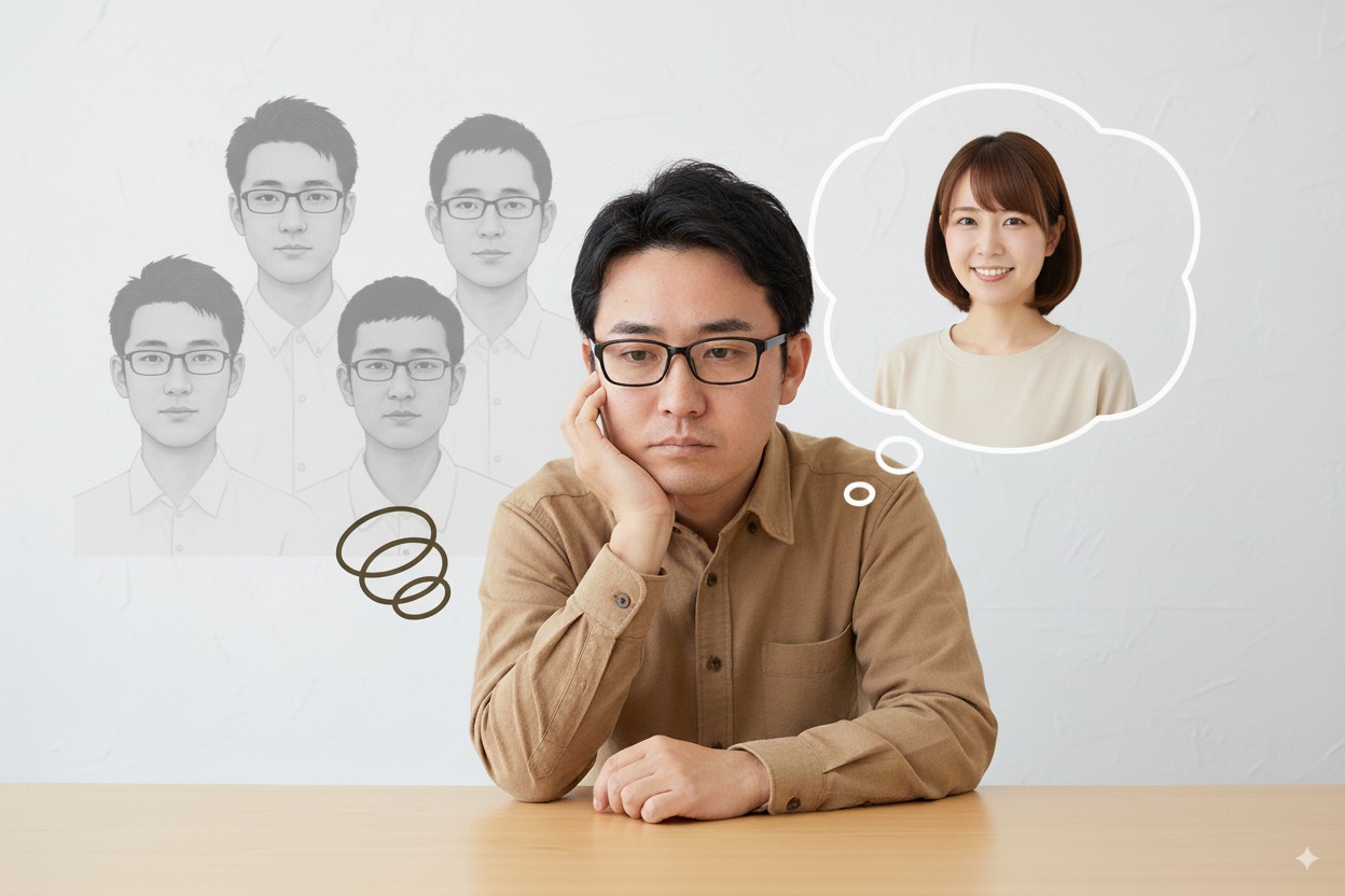 出会いに悩む理系男性と理想の女性のイメージ
